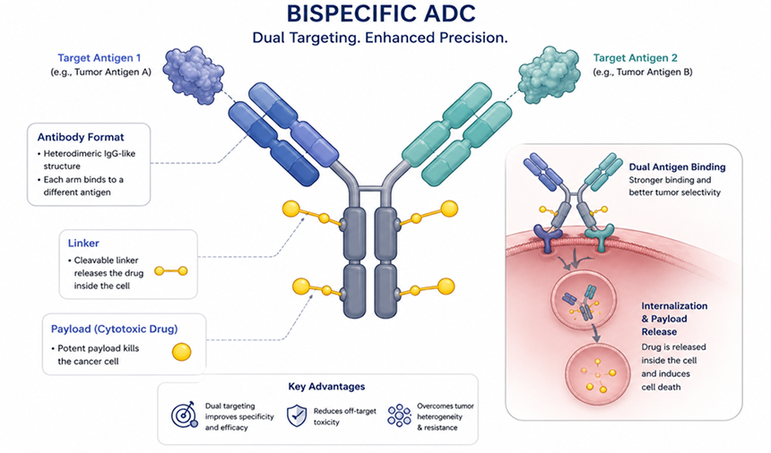 Anatomy of a bispecific ADC: a heterodimeric IgG-like antibody whose two arms bind different tumour antigens, a cleavable linker that releases the drug inside the cell, and a cytotoxic payload — with dual antigen binding driving internalization and payload release