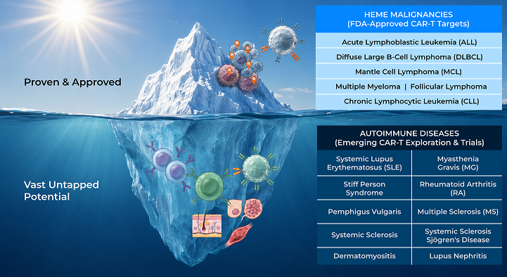 An iceberg diagram contrasting FDA-approved CAR-T targets in heme malignancies above the waterline with the far larger set of autoimmune indications below it