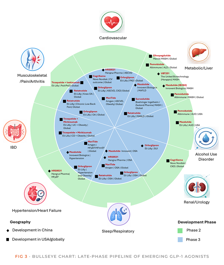 Fig 3: a bullseye chart of the late-phase GLP-1 pipeline, with assets plotted by therapeutic area — cardiovascular, metabolic and liver, alcohol use disorder, renal and urology, sleep and respiratory, hypertension and heart failure, IBD, and musculoskeletal — and shaded by Phase 2 or Phase 3