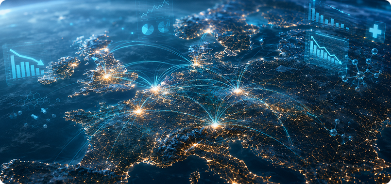 A night-time satellite view of Europe overlaid with glowing network connections and healthcare data graphics